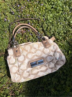 Coach Beige Signature Logo Satchel with Gold-Tone Hardware
